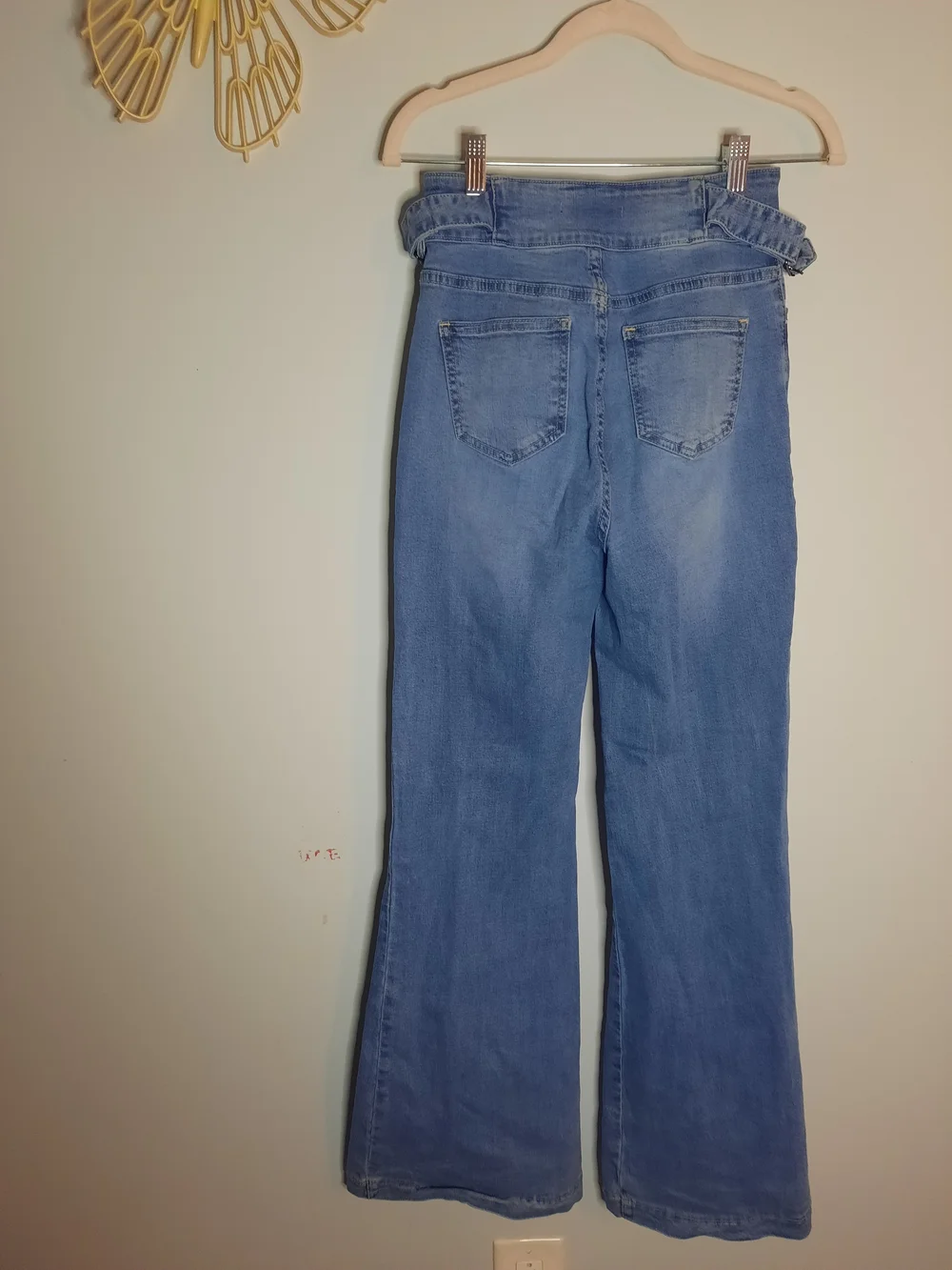 Jealous Tomato Sz Small, High-Waist Blue Flare Jeans, Side Belt, Hippy, Boho - Picture 4 of 7